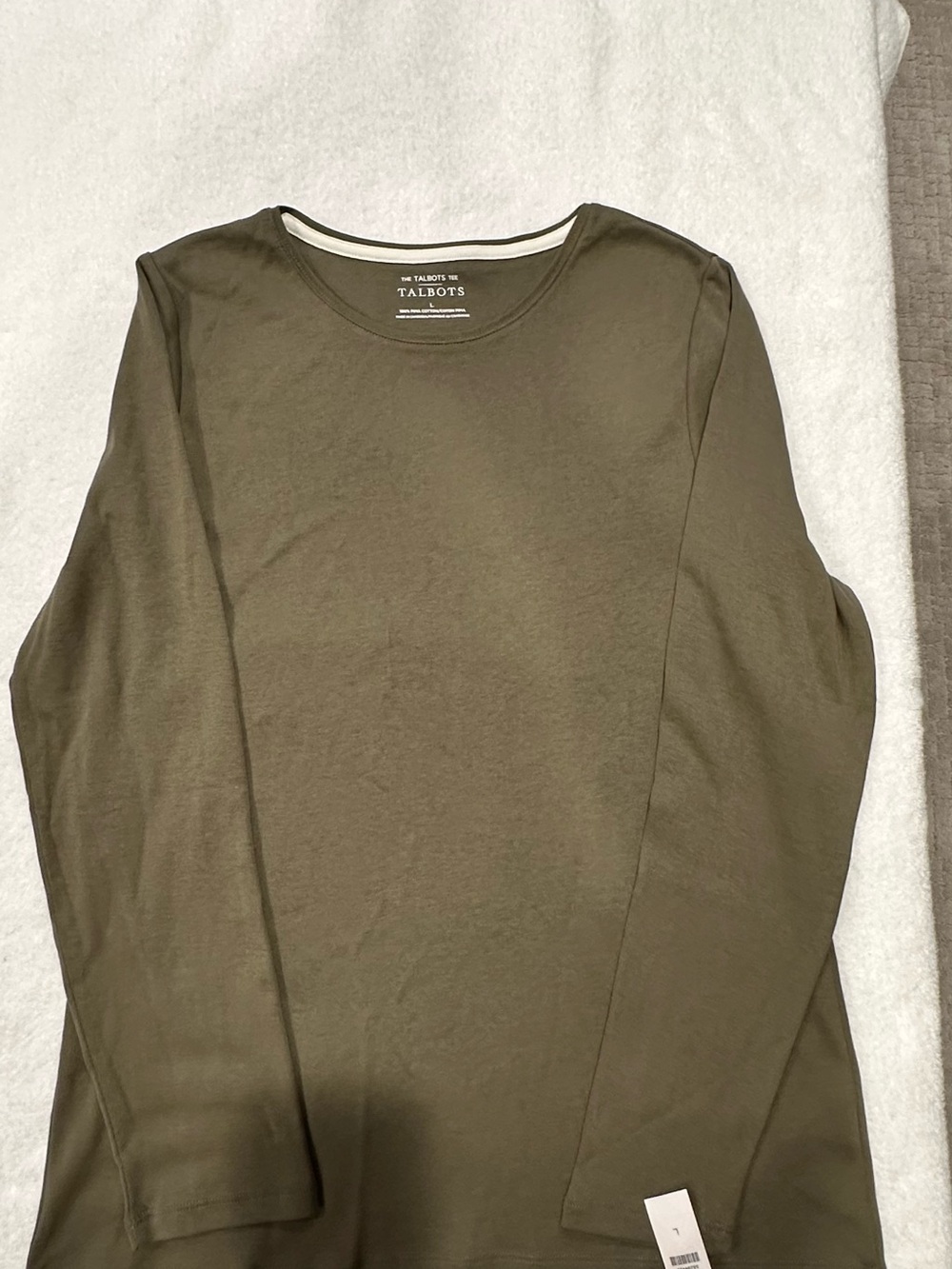 Talbots Olive Crewneck Long Sleeve Tee with Cream Trim